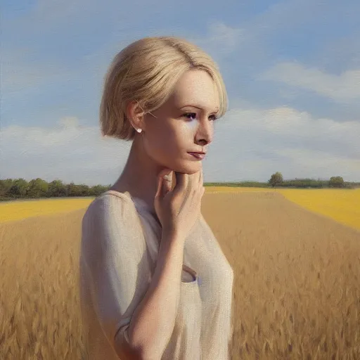 Prompt: a portrait of a petite blonde woman in a cornfield, oil painting, pale colors, high detail, 8 k, wide angle, trending on artstation,