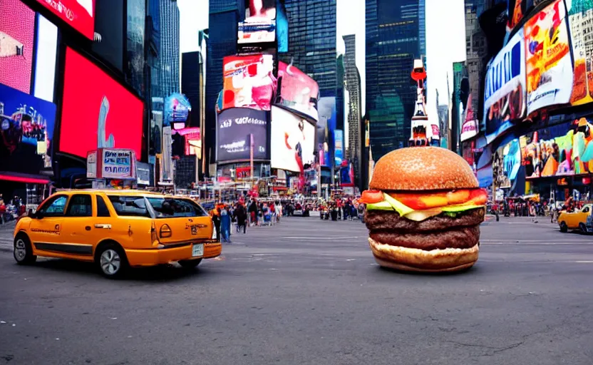 Image similar to a photo of a giant hamburger in the middle of the street in times square,
