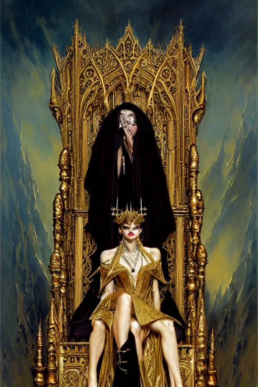 Image similar to full body portrait of beautiful vampire queen in gold gothic robe sitting on a throne of bones, elegant, highly detailed painting by gaston bussiere, craig mullins, j. c. leyendecker, 8 k, mid shot