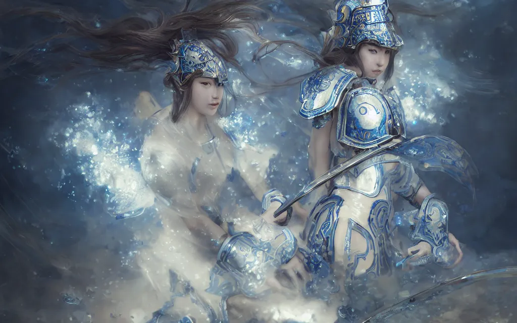 Image similar to knights of zodiac girl, chinese blue and white porcelain reflected armor, fight cinematic shot, in ruined agora of athens, ssci - fi and fantasy, intricate and very very beautiful and elegant, highly detailed, digital painting, artstation, concept art, smooth and sharp focus, illustration, art by tian zi and wlop and alphonse mucha