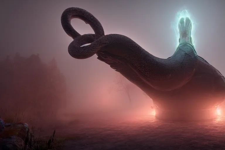 Prompt: amplified ritual engine, colossal monster snake shrouded in fog, dramatic lighting, unreal engine, cgsociety, artstation, 4k
