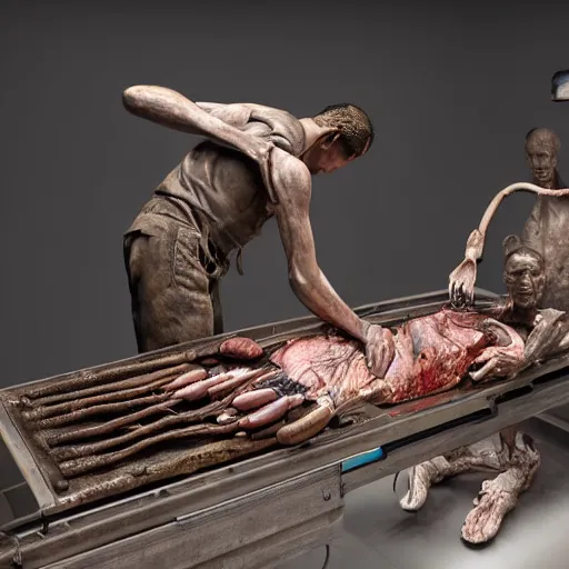 Image similar to hyperrealistic sculpture of a fossilized bronze prisoner being organ harvested on an operating table, by ron mueck and duane hanson and lee bontecou and giacometti, patina, hyperrealistic dramatic volumetric lighting octane render 8 k