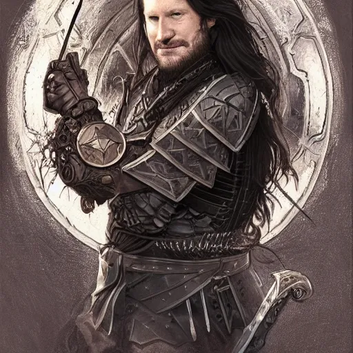 Image similar to stellan skarsgard posing with long hair and beard, black armor, sword, d & d, fantasy, intricate, elegant, highly detailed, digital painting, artstation, concept art, matte, sharp focus, illustration, hearthstone, art by artgerm and greg rutkowski and alphonse mucha