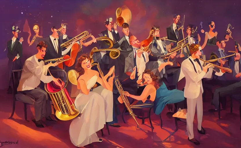 Prompt: the enchanted jazz band party with musicians and a glamorous female singer, 1 9 4 0, vintage micrphone, tenor saxophone, behance hd artstation by jesper ejsing, by rhads, makoto shinkai and lois van baarle, ilya kuvshinov, ossdraws