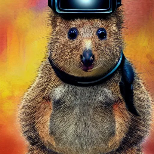 Image similar to a quokka wearing a hmd vr, cyberpunk digital painting