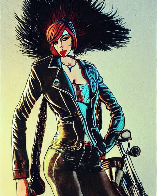 Image similar to young female protagonist in leather jacket, city street, artwork by ralph bakshi