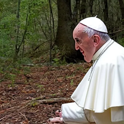 Prompt: paparazzi photo of the pope squatting in the woods.