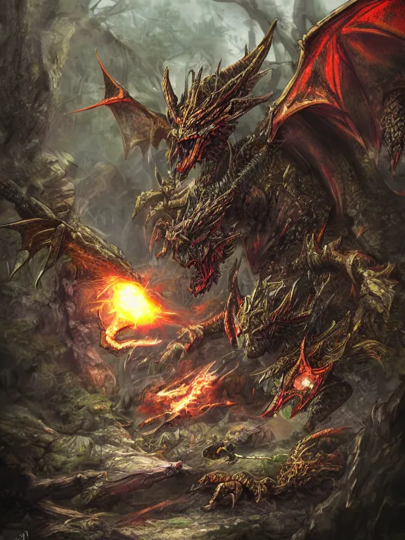 Image similar to final fantasy dragon in the woods, highly detailed, digital art, sharp focus, trending on art station, warhammer 4 0 k fantasy,