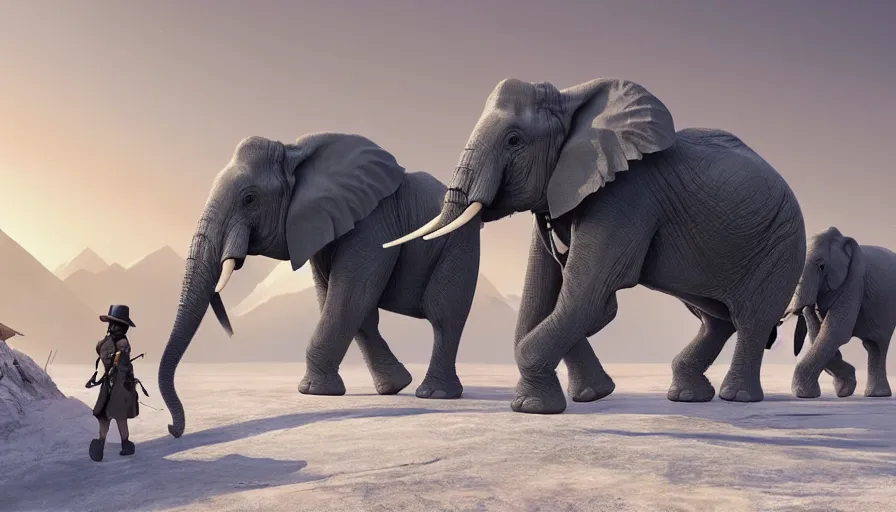 Prompt: A highly detailed matte painting of African elephants wearing battle armor marching in snow mountain landscape by Studio Ghibli, Makoto Shinkai, by Artgerm, by beeple, by Greg Rutkowski, volumetric lighting, octane render, 4K resolution, trending on artstation, masterpiece