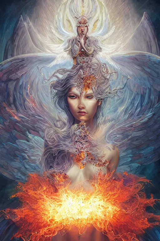 Image similar to goddess angel of tranquility, torso closeup model wearing exploding fire crystal dress, sorcerer, diamonds, angel, fantasy, dramatic lighting, highly detailed, digital painting, holding electricity, magic the gathering, hyper detailed, 3 d render, hyper realistic detailed portrait, peter mohrbacher, wlop, ruan jia