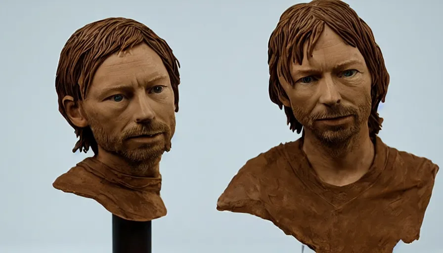 Prompt: a bust of thom yorke made of chocolate, sitting on a table