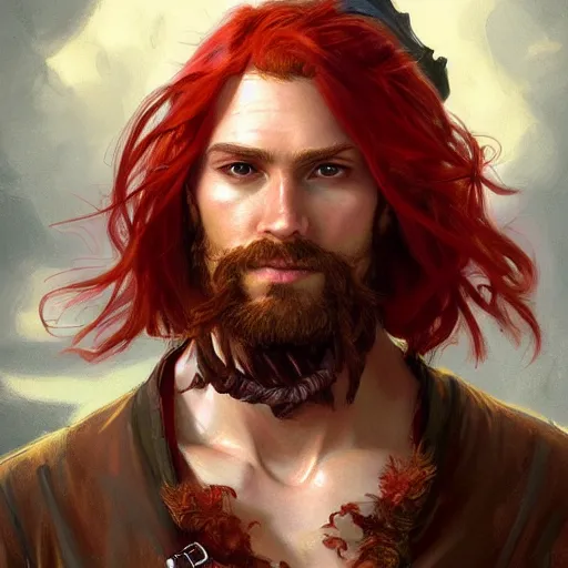 Image similar to portrait of a young pirate captain, male, masculine, handsome, upper body, red hair, long hair, D&D, fantasy, intricate, elegant, highly detailed, digital painting, artstation, concept art, sensual, matte, sharp focus, illustration, art by Artgerm and Greg Rutkowski and Alphonse Mucha