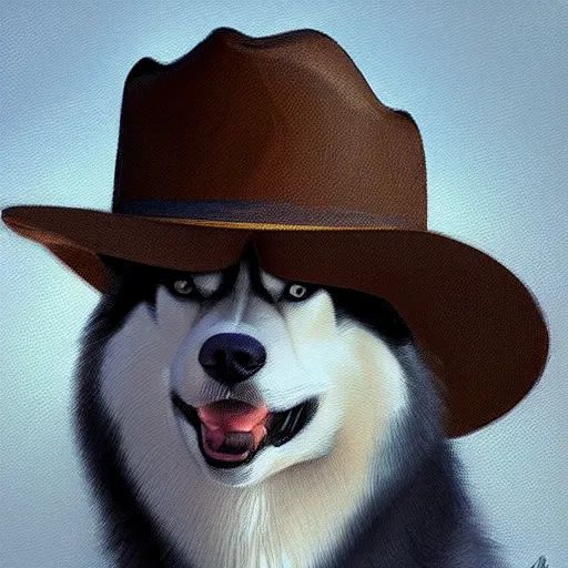 Prompt: a portrait painting of a husky in cowboy costume, wearing a cowboy hat, character design, trending on artstation