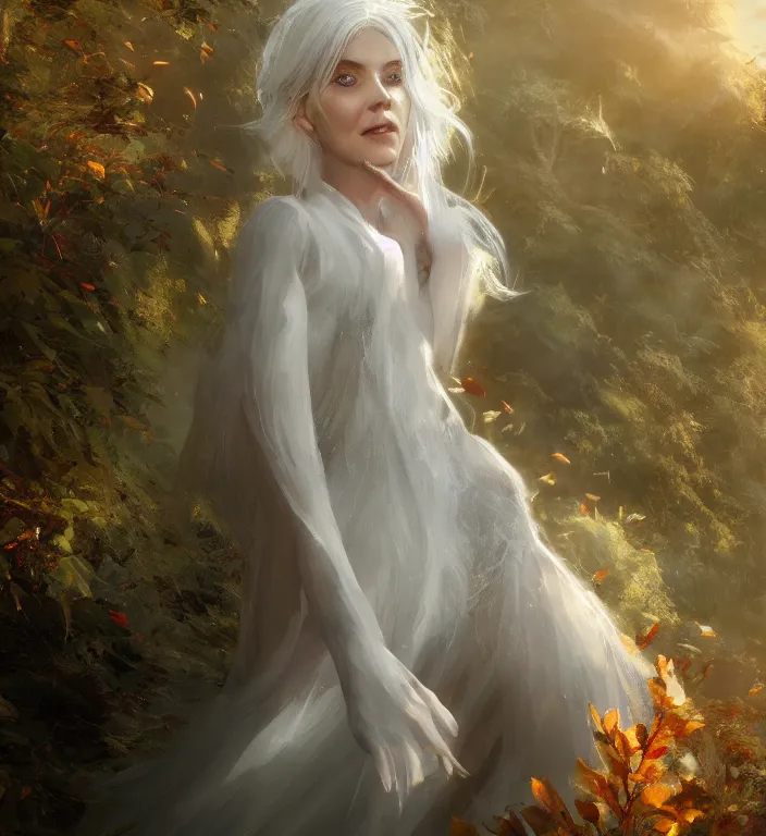 Prompt: portrait of a white haired woman wearing a crystal dress, autumn leaves falling, dramatic volumetric lighting, god rays, global illumination, soft, sharp focus, sci-fi, ivy, moss, trending on artstation, intricate concept art by Greg Rutkowski and WhimmY