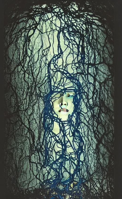 Image similar to blue vines in a dark cave forming a human face, creepy, extreme detail, realistic, polaroid color photo, vintage, stunning 8 k, neutral colors, by gregory crewdson