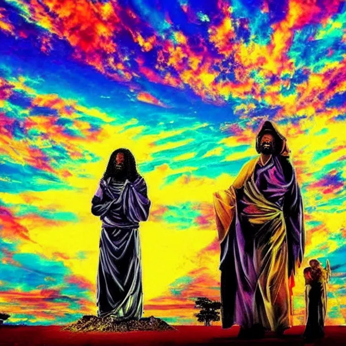 Image similar to UFO hovering over an African Jesus , clouds, colorful, in the style of Nigerian bus art,