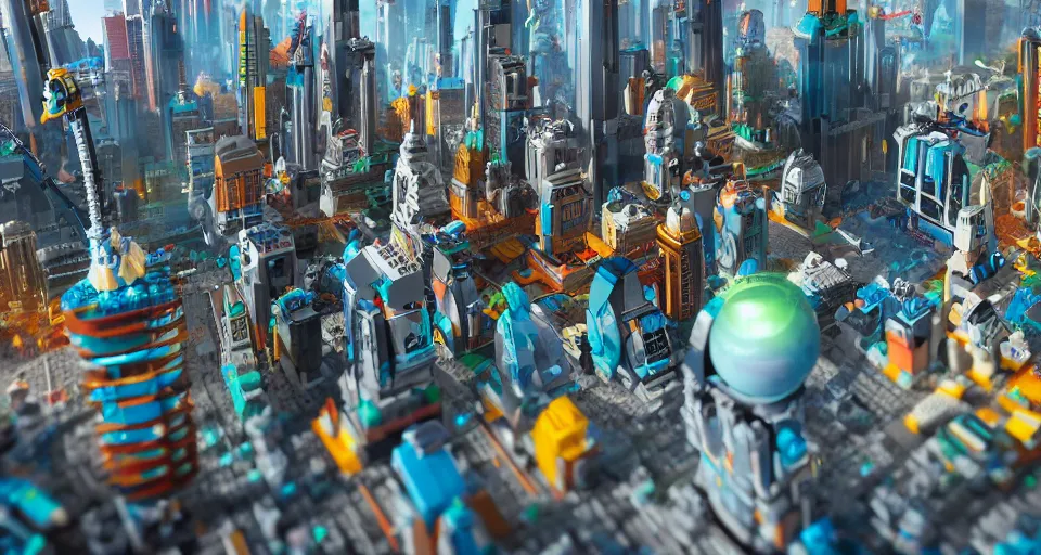 Image similar to sci - fi futuristic city made of lego bricks, photorealistic, 8 k, octane render, still from lego movie