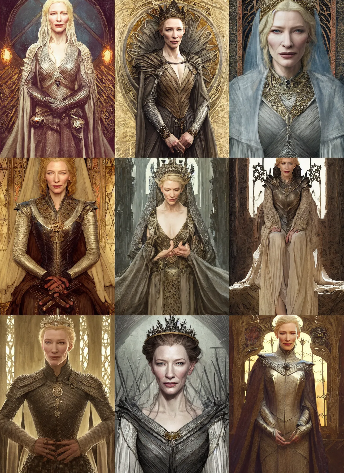 Prompt: Cate Blanchett as medieval queen, intricate, elegant, highly detailed, digital painting, artstation, concept art, smooth, sharp focus, illustration, game of thrones, art by greg rutkowski and alphonse mucha and aleksi briclot