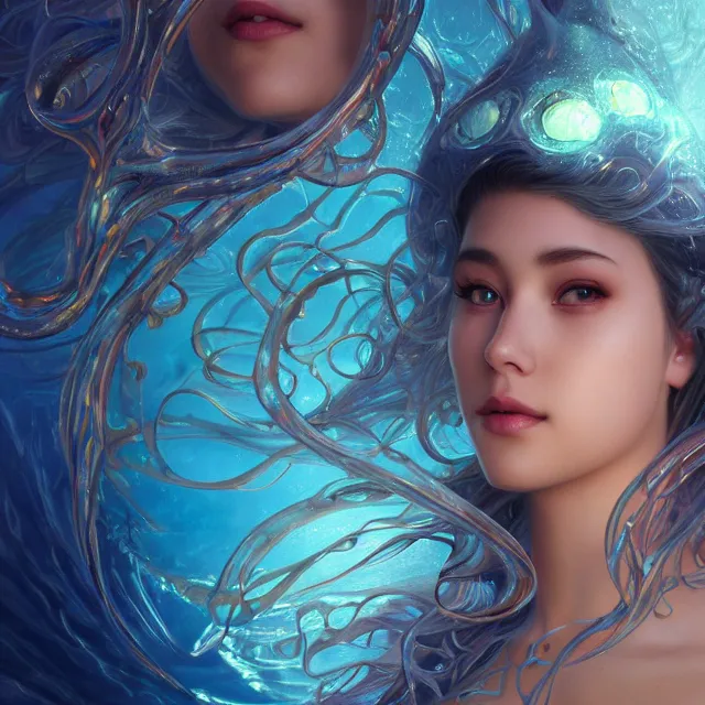 Prompt: detailed portrait of beautiful night underwater princess ocean, caustics, accurate ray tracing, dark fantasy, sharp focus, vibrant, vivid, wet shiny skin, symmetry, highly detailed, 4 k digital painting, detailed skin, liquid, magical, raytracing, bubbles, artistic, concept art by artgerm, greg rutkowski, alphonse mucha, unreal engine render,