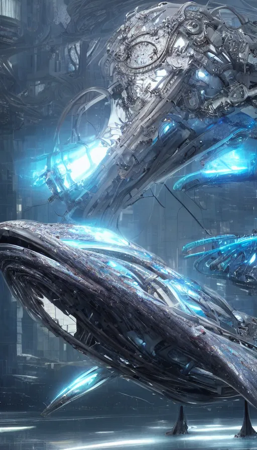 Image similar to summonic an futuristic biomechanical whale spirit, organic and robotic, made up of many bits of metal, skin, and plastic, shiny, cyberpunk, hyper realistic, octane render unreal engine render, 8k, super detailed