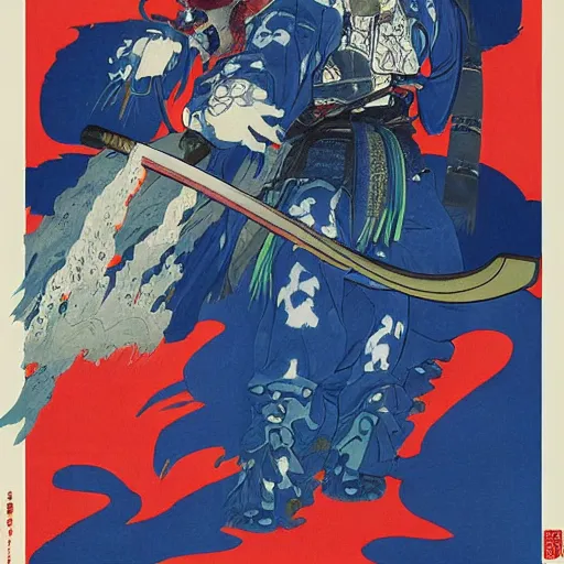 Image similar to a painting of a samurai but a blue oni demon 鬼 👹, poster art by otomo katsuhiro, cgsociety, nuclear art, reimagined by industrial light and magic, official art, poster art