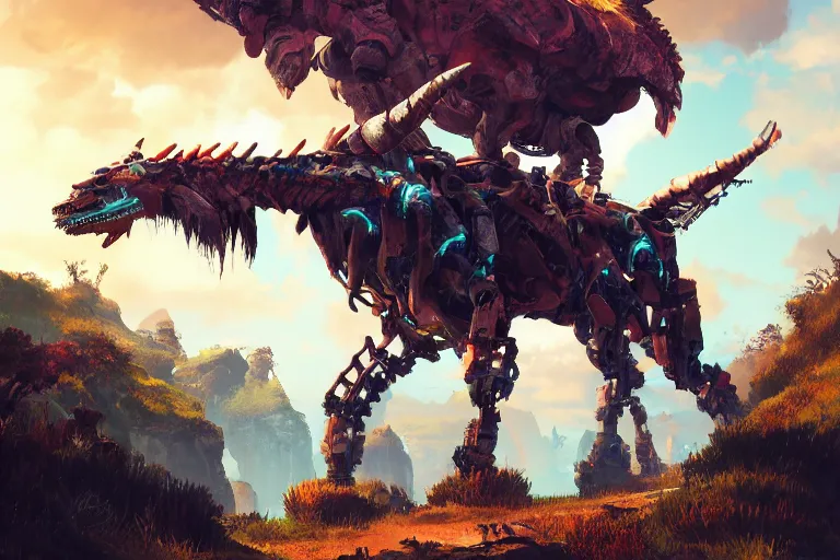 Image similar to grimhorn fanghorn machine mecanical creature robot of horizon forbidden west horizon zero dawn bioluminiscence global illumination ray tracing hdr fanart arstation by ian pesty and alena aenami artworks in 4 k