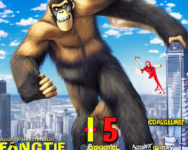 Image similar to anime king kong climbing the empire state building with bi-planes flying around him
