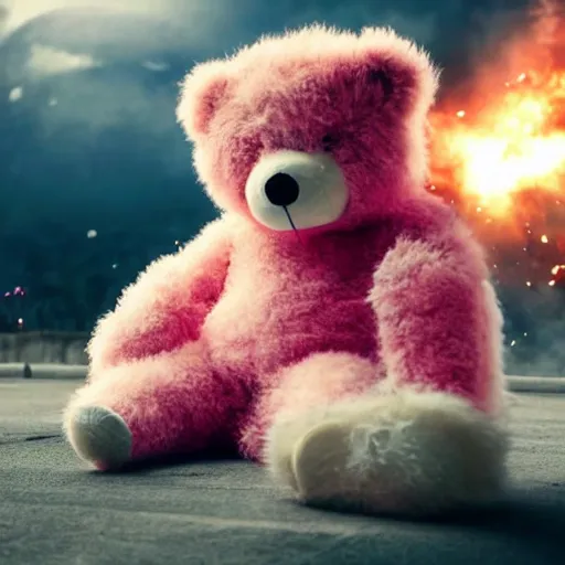 Prompt: fluffy pink teddybear in superhero costume, cinematic explosions, dramatic pose