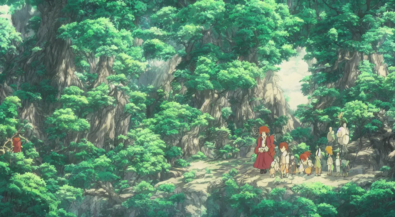 Prompt: studio ghibli anime still of a fantasy forest, magical creatures, mythical, key anime visuals