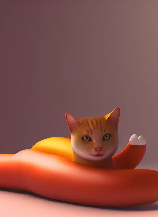 Image similar to plastic cat looking like a hotdog, photorealism, canon r 3, symmetry, octane render, unreal engine, dramatic lights, professional studio photo