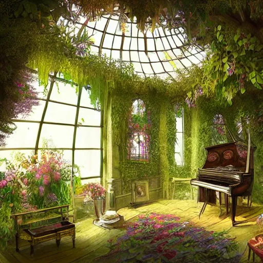 Image similar to a musical bedroom victorian greenhouse. The greenhouse is built into a giant oak tree, ornate, beautiful, atmosphere, vibe, flowers, concept art illustration, Greg rutowski, volumetric lighting,