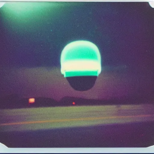 Image similar to a ufo flying at night, blurry photo, historical photo, old polaroid, expired film,