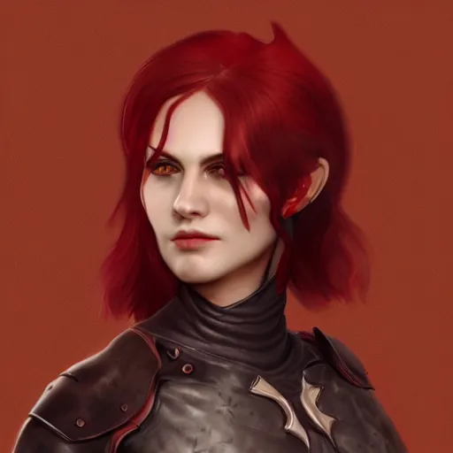 Image similar to a red haired, red eyed woman, dark leather armor, holding a bow, by ingrit lima and june jenssen, artstation, behance
