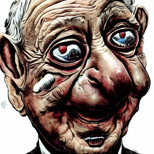 Image similar to George Soros by Ralph Steadman, illustration, body horror, biopunk