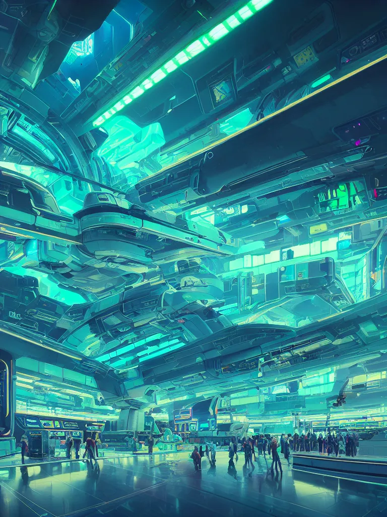 Image similar to the interior of a celestial spaceship cyberpunk airport with bioluminescent topaz teal green walls decorated beautifully, lots of cyberpunk design elements like humanoids and mecha robots, warm sunlight shining in, lots of cables and neon signs, concept art 8 k resolution, fantasy illustration, sharp focus, detailed painting, deep color, volumetric lighting, crepuscular rays