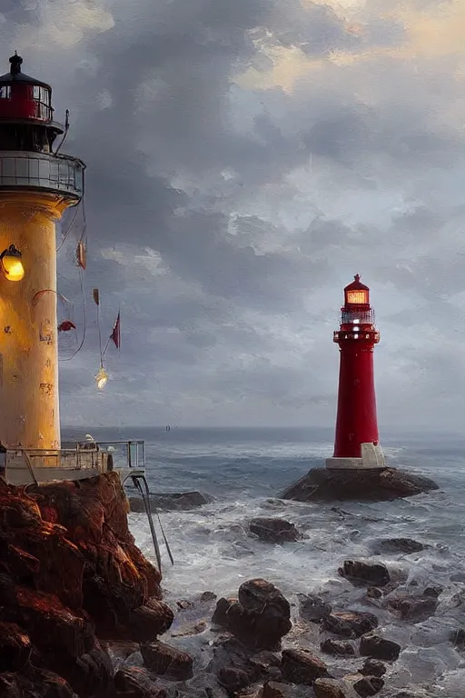 Image similar to imagine a ship in a bottle but instead of a ship a red and white lighthouse is in the bottle, fancy whiskey bottle, masterpiece painting by greg rutkowski and ruan jia