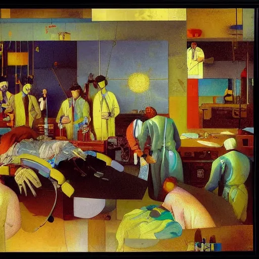 Prompt: A beautiful computer art of a team of surgeons gathered around a patient on an operating table, with one surgeon in the process of cutting into the patient's chest. The computer art is full of intense colors and brushstrokes, conveying the urgency and intensity of the surgery. by Joseph Cornell, by Paul Lehr ordered, elaborate