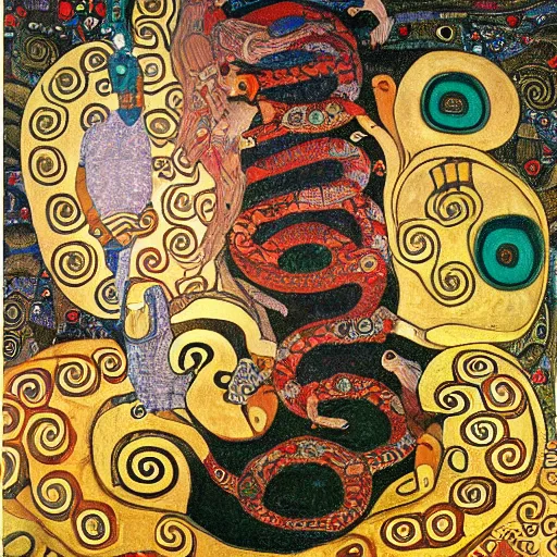 Image similar to intricate ouroboros feathered serpent large painting by gustav klimt