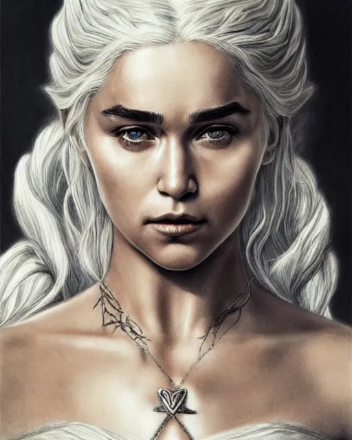 Image similar to pencil drawing of beautiful daenerys targaryen as greek goddess aphrodite with arrowhead jewelry, beautiful piercing eyes, beautiful blonde hair, hyper realistic face, in the style of greg rutkowski, fantasy, amazing detail, epic, elegant, smooth, sharp focus, from the front