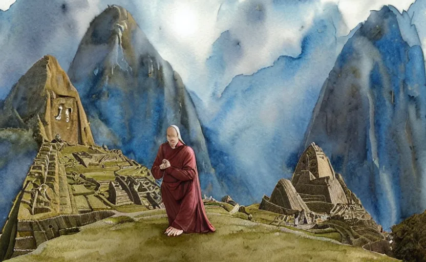 Image similar to a realistic and atmospheric watercolor fantasy concept art of a golden ufo hovering above machu pichu. in the foreground a female medieval monk in grey robes is kneeling with her hands by her sides. by rebecca guay, michael kaluta, charles vess