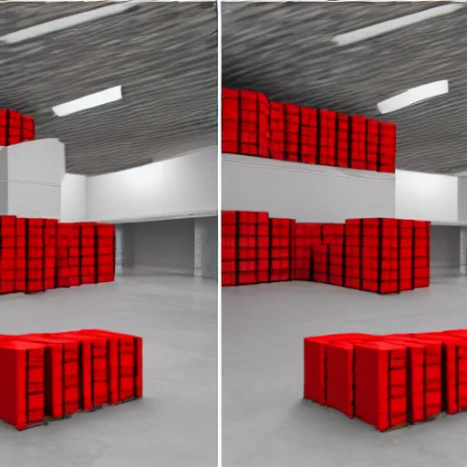 Prompt: two frames of equal size, the first a warehouse full of boxes, the second is exactly the same picture except the boxes are red