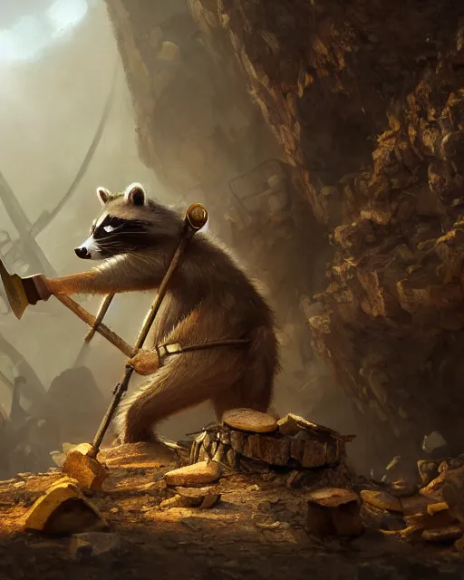 Prompt: oil painting of raccoon mining gold with pickaxe, close shot, full body, dark steampunk mine shaft background, sharp focus, fantasy style, octane render, volumetric lighting, 8k high definition, by greg rutkowski, highly detailed, trending on art Station, dungeons and dragons artwork, centered