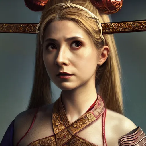 Image similar to a highly detailed portrait of buffy the vampire slayer as a medieval chinese warrior, beautiful detail and color, art by john collier and albert aublet and krenz cushart and artem demura and alphonse mucha, volumetric lighting, octane render, 4 k resolution, trending on artstation, masterpiece