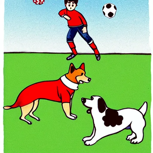 Image similar to illustration of french boy in paris playing football against a corgi, the corgi is wearing a polka dot scarf