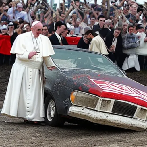 Prompt: a photo of the pope driving demolition derby