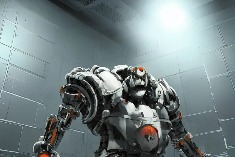 Image similar to parallax datacenter server room single mono colossus white rusty android robosaurus guard in artstation cinematic detailed concept art volumetric light sharp coherent cgsociety symmetric perfect server equipment