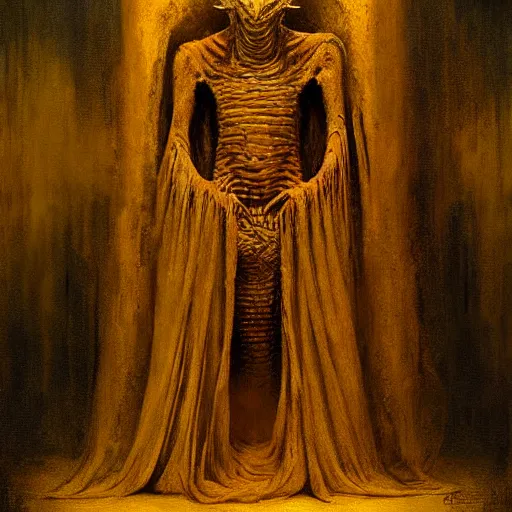 Prompt: Hastur the King in Yellow mummified monarch by Greg Rutkowski and Zdzisław Beksiński, high quality painting