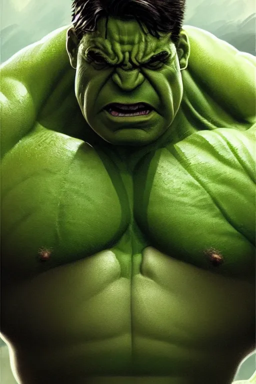 Image similar to Michael Scott as Hulk, Hulk costume, Michael Scott hairstyle, Hulk body type, Michael Scott Face, calm, grumpy, portrait, masculine figure, highly detailed, digital painting, artstation, concept art, smooth, sharp focus, illustration, cinematic lighting, art by artgerm and greg rutkowski and alphonse mucha