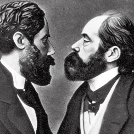 Prompt: Karl Marx and Sigmund Freud kissing, 1920, Bedroom backround