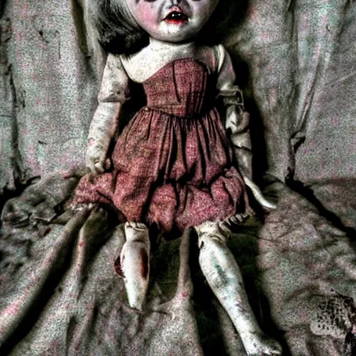 Prompt: creepy dirty cracked vintage doll in darkly lit dusty basement cobwebs blair witch style photo n - 9